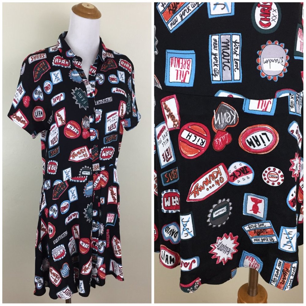 ZARA Trafaluc Coll Black Multi-Color Names Printed Short Sleeve Button Dress